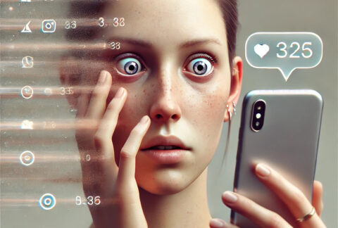 Realistický člověk s vykulenýma očima drží mobilní telefon, obklopený mizícími ikonami notifikací – vizuální ztvárnění digitálního detoxu a přetížení technologií.