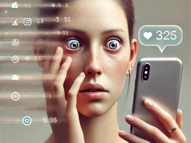 Realistický člověk s vykulenýma očima drží mobilní telefon, obklopený mizícími ikonami notifikací – vizuální ztvárnění digitálního detoxu a přetížení technologií.